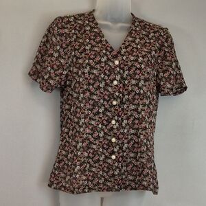 Algo Woman's Floral Button-Up Black Short Sleeve Top Size S?